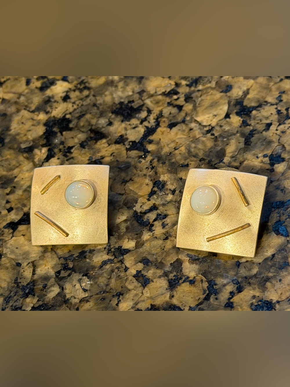 Silver Tone 1” Square Earrings with Opal Cabochons